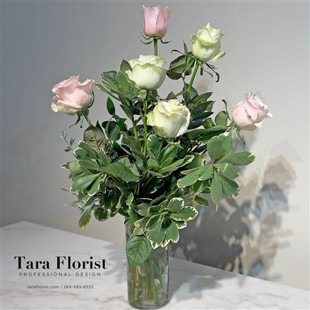 Six Pink and White Tara Select Roses